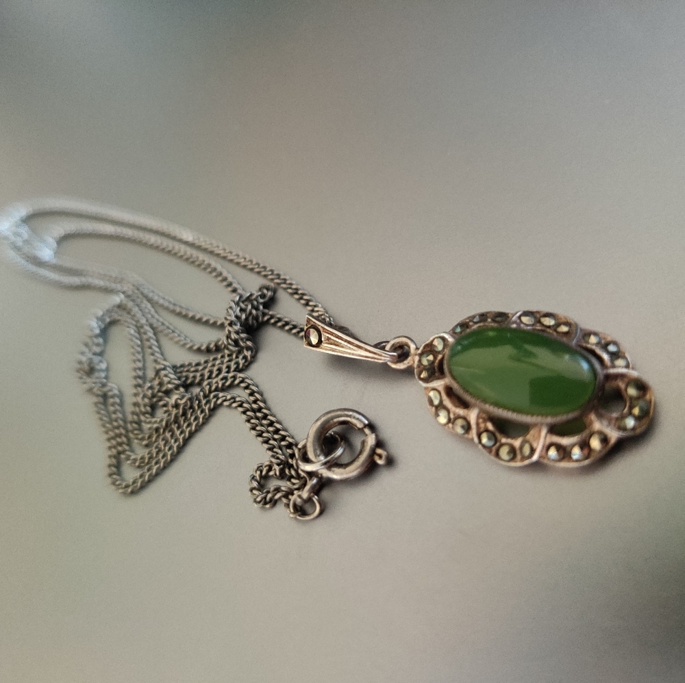 Art Deco 30s Genuine Jade and Rose Cut Marcasite Sterling Silver Pendant